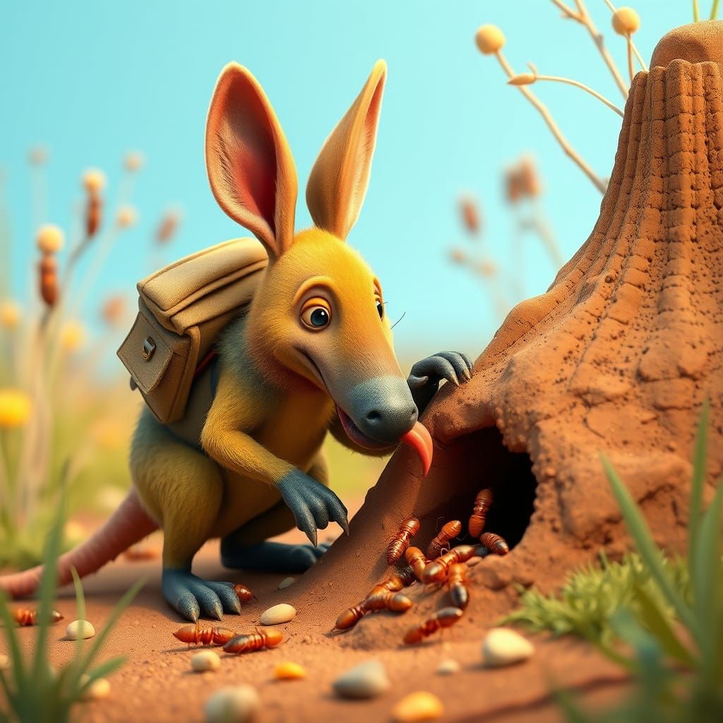 Whimsical Aardvark Digging for Termites in Stop-Motion Style