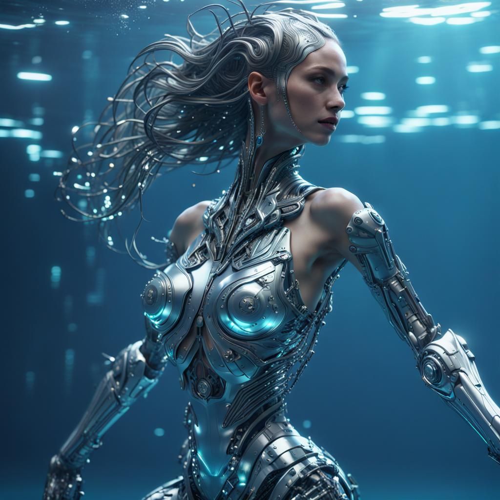 Attractive Robotic Mermaid Swimming in Futuristic Waters