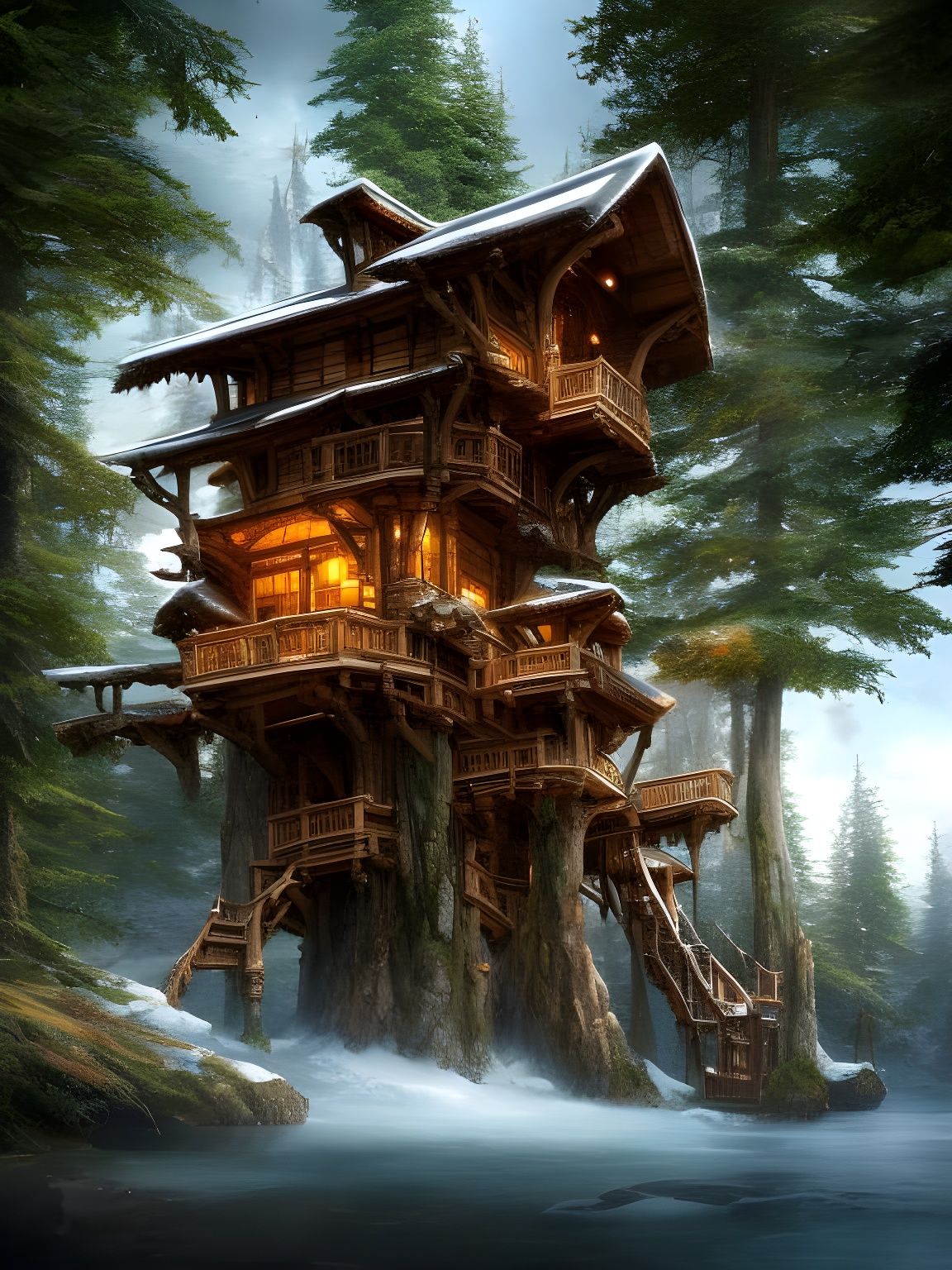 Marble Treehouse in Frozen Tundra, Digital Art