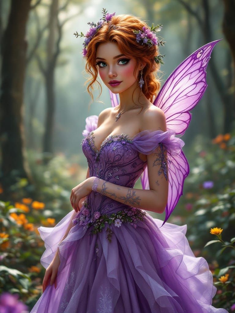 Fairy Princess in Purple Gown in Enchanted Forest