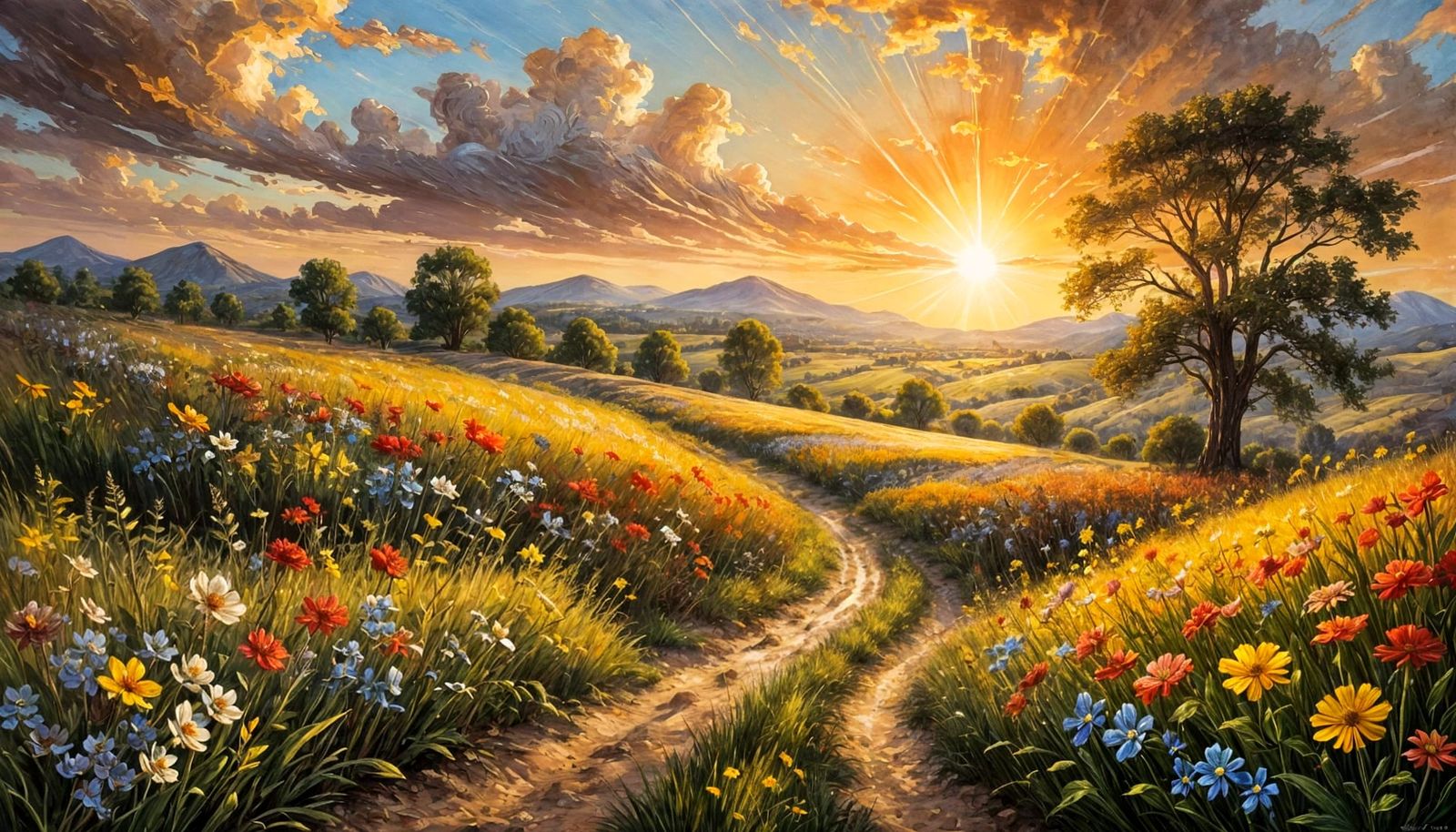 Radiant Sunset Field with Flowers, Impasto Style