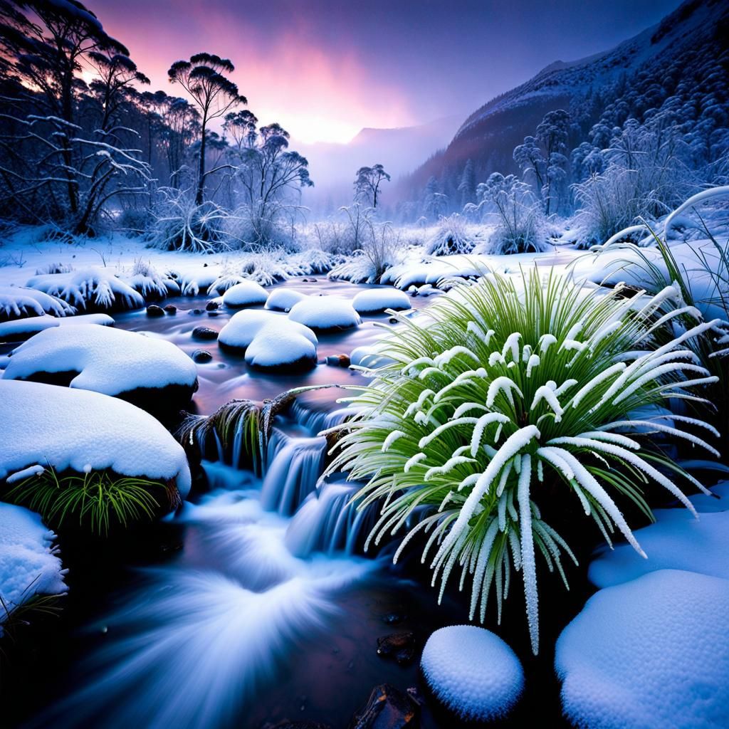 Snowy Tasmanian River with Enchanted Forest Plants