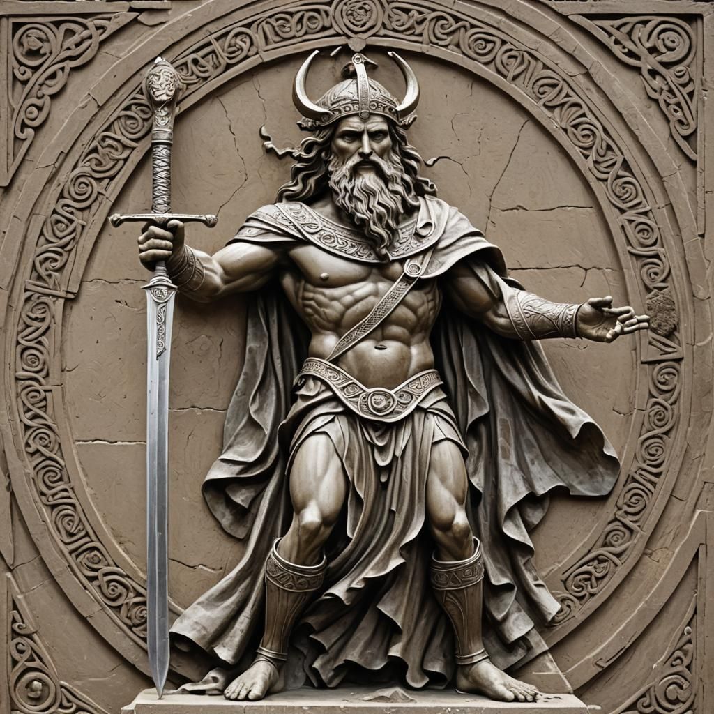 Celtic God Taranis Statue with Sword and Thunderbolt