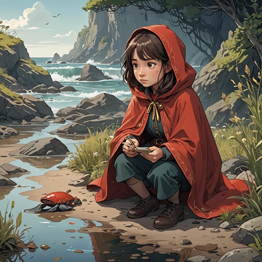 Girl in Red Cloak Discovers Sea Microorganisms