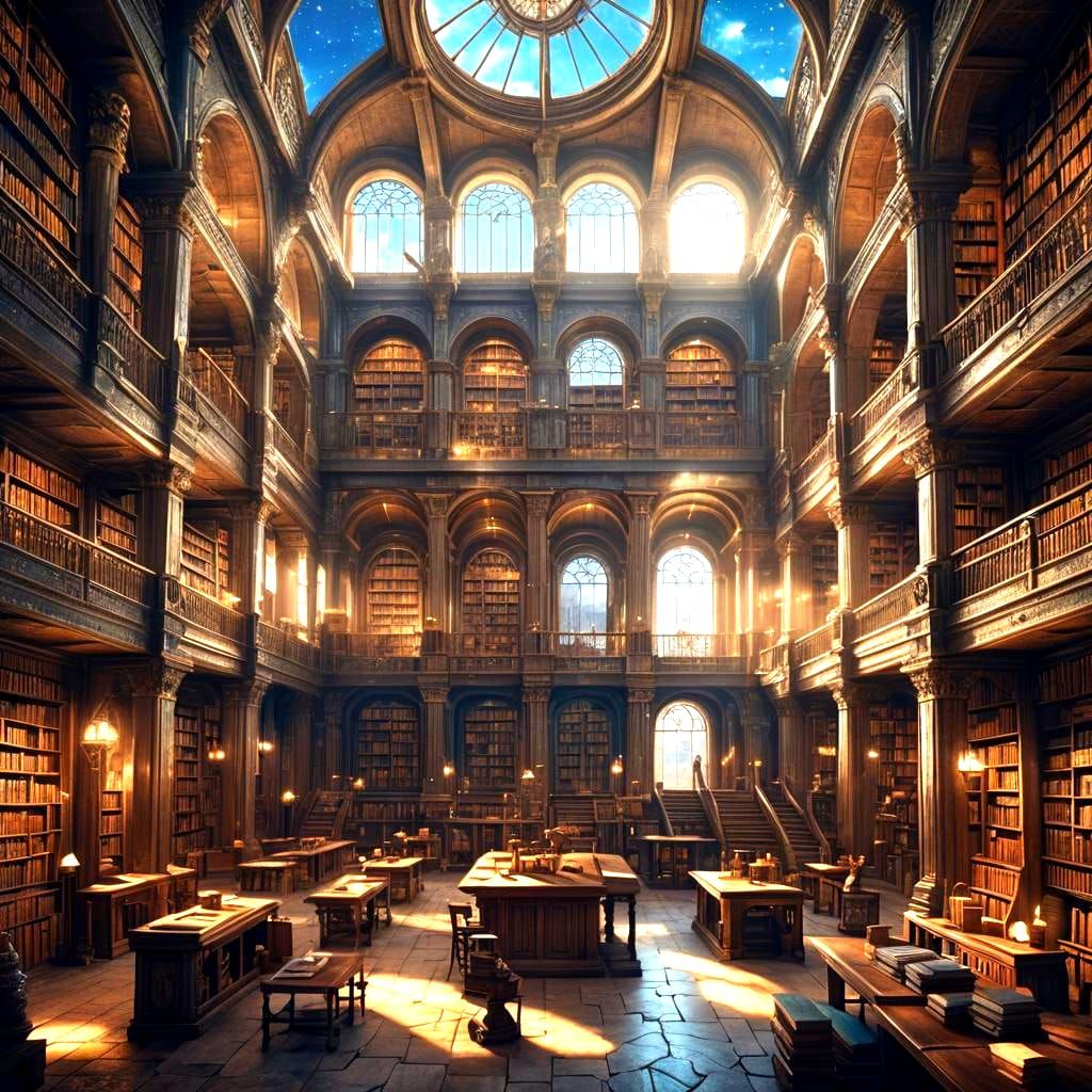 Epic Ancient Library with City View