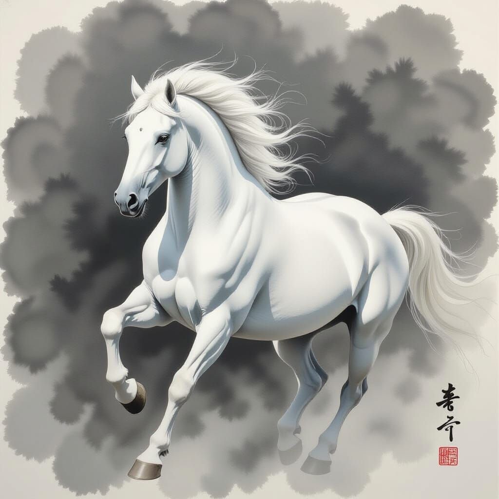 Majestic White Stallion in Sumi-e Art Style