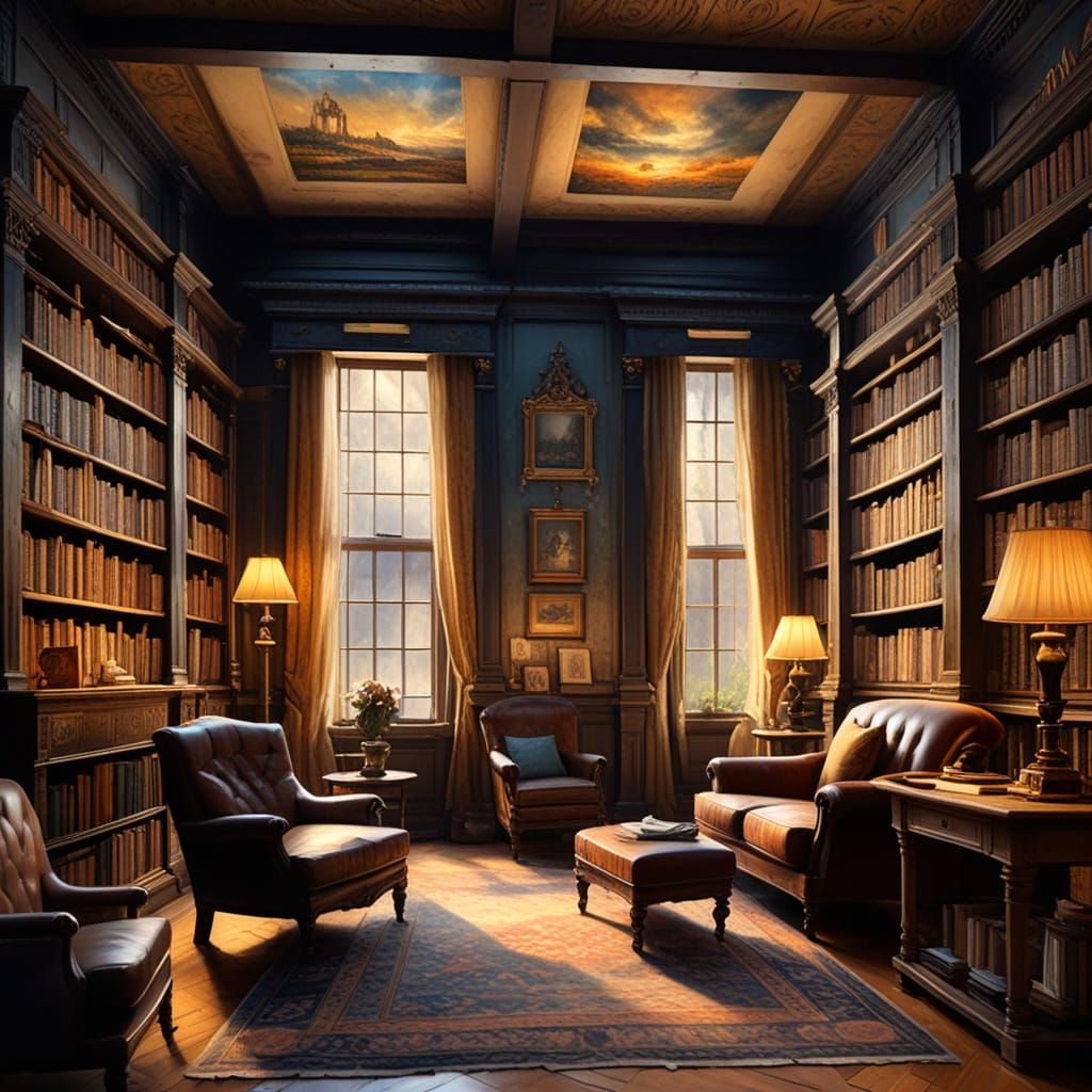 Warm Vintage Library Scene in Cozy Impressionist Style