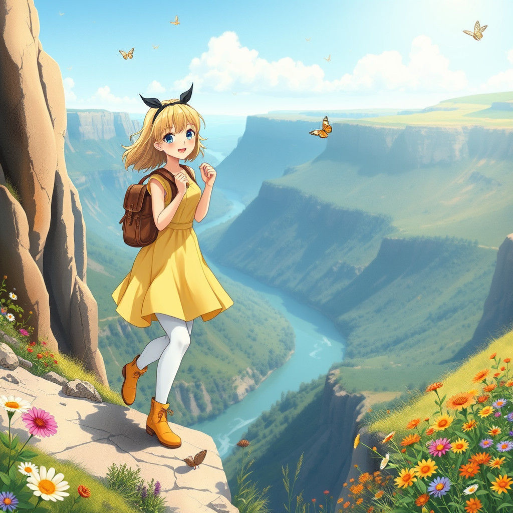 Alice's Cliffside Adventure in Watercolor Style