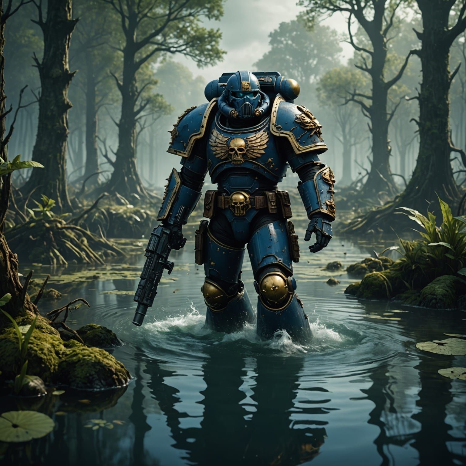 Space Marine in Swamp: Detailed Fantasy Art