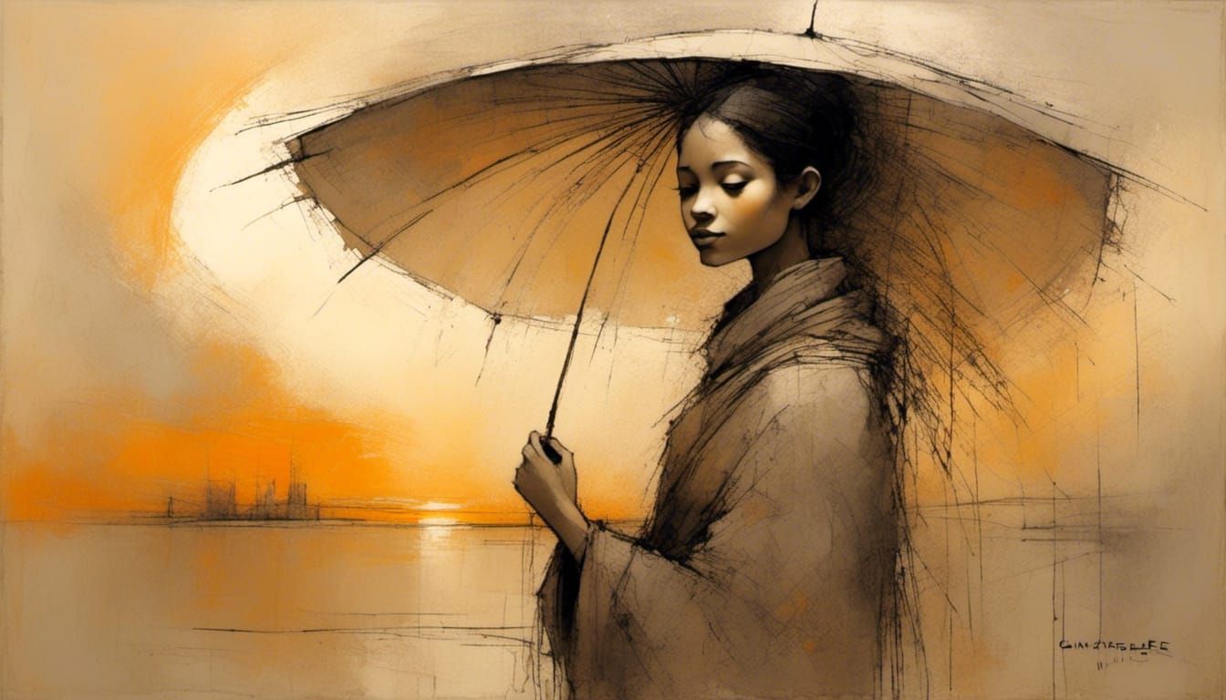 Golden Sunset: Minimalist Chiaroscuro Woman with Umbrella