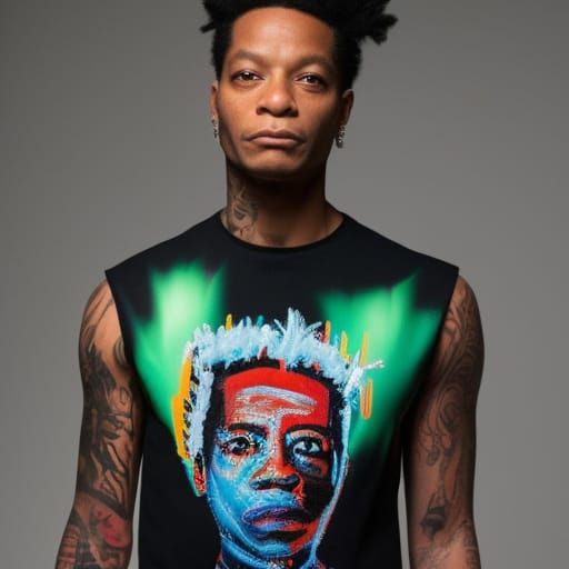 Jean-Michel Basquiat wearing his Warrior design