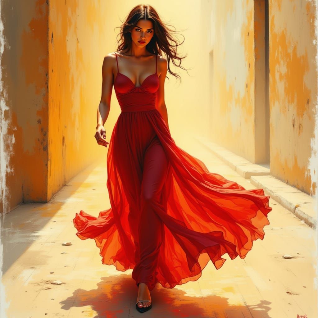 Stunning Woman in Red Dress in Graphic Novel Style