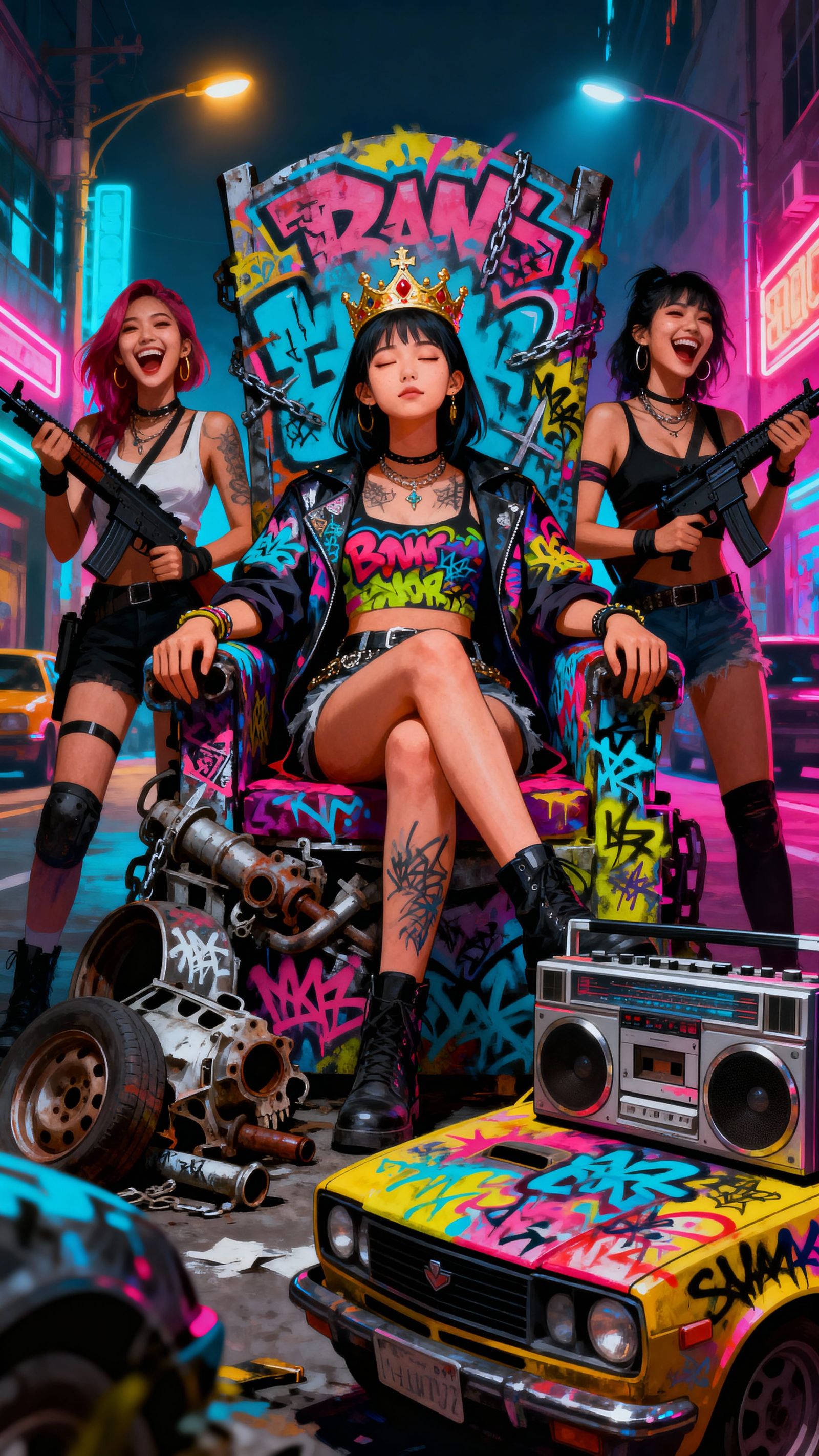 Urban Queen on Graffiti Throne with Armed Companions
