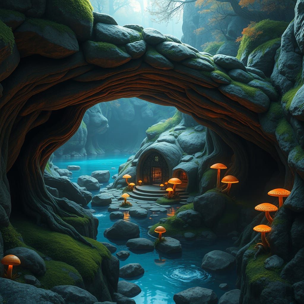 Ethereal Troll Sanctuary Under Undulating Stone Bridge