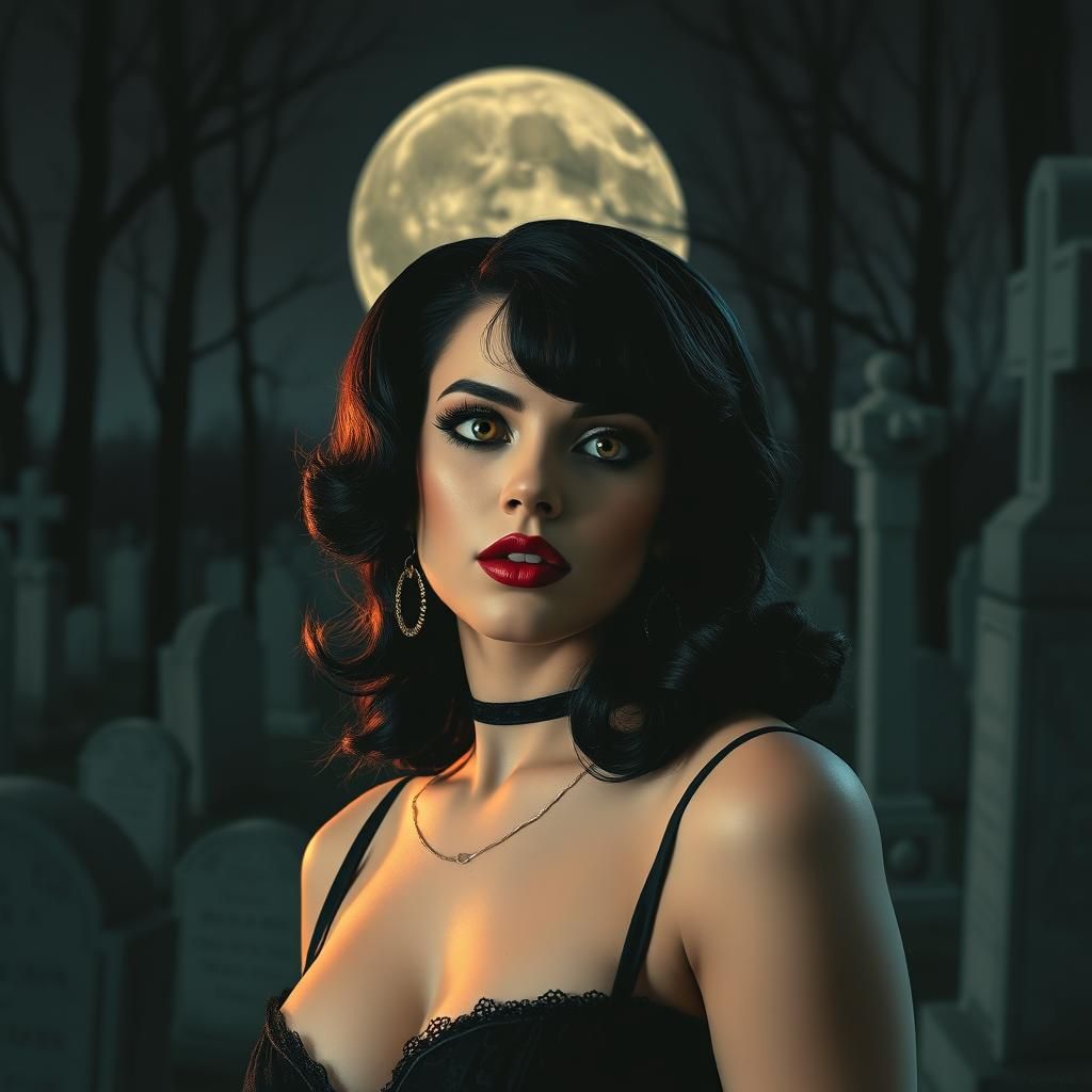 Goth Woman in Graveyard, Retro Pinup Style