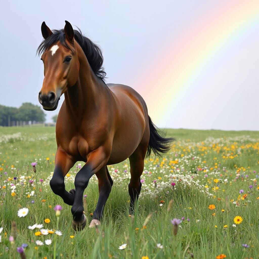 Majestic Bay Horse Runs Free in a Rainbow-Colored Meadow