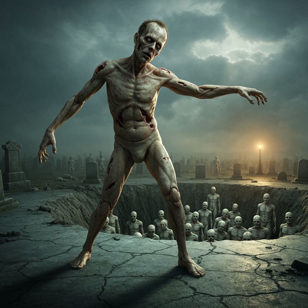 Hyperrealistic Decaying Figure in Gothic Graveyard