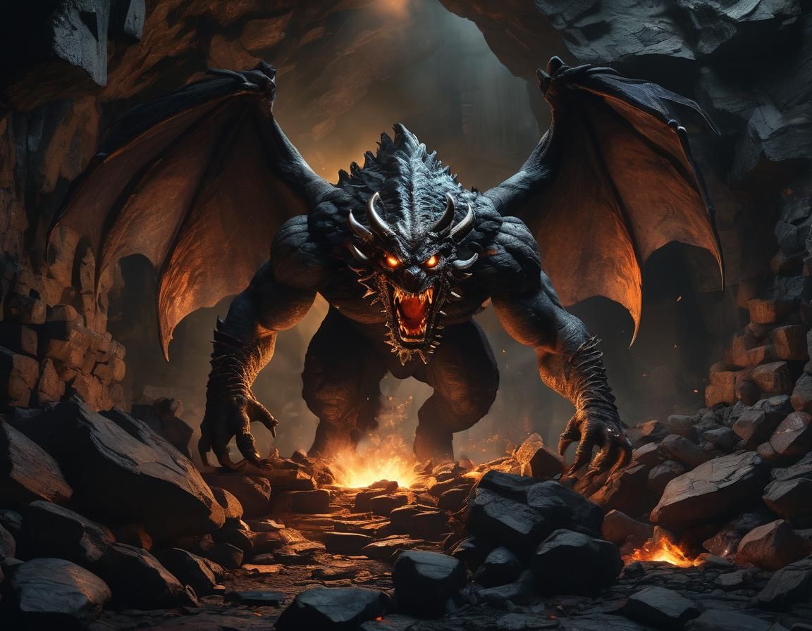 Balrog Roaring in Dark Cave: Hyperrealistic Digital Art