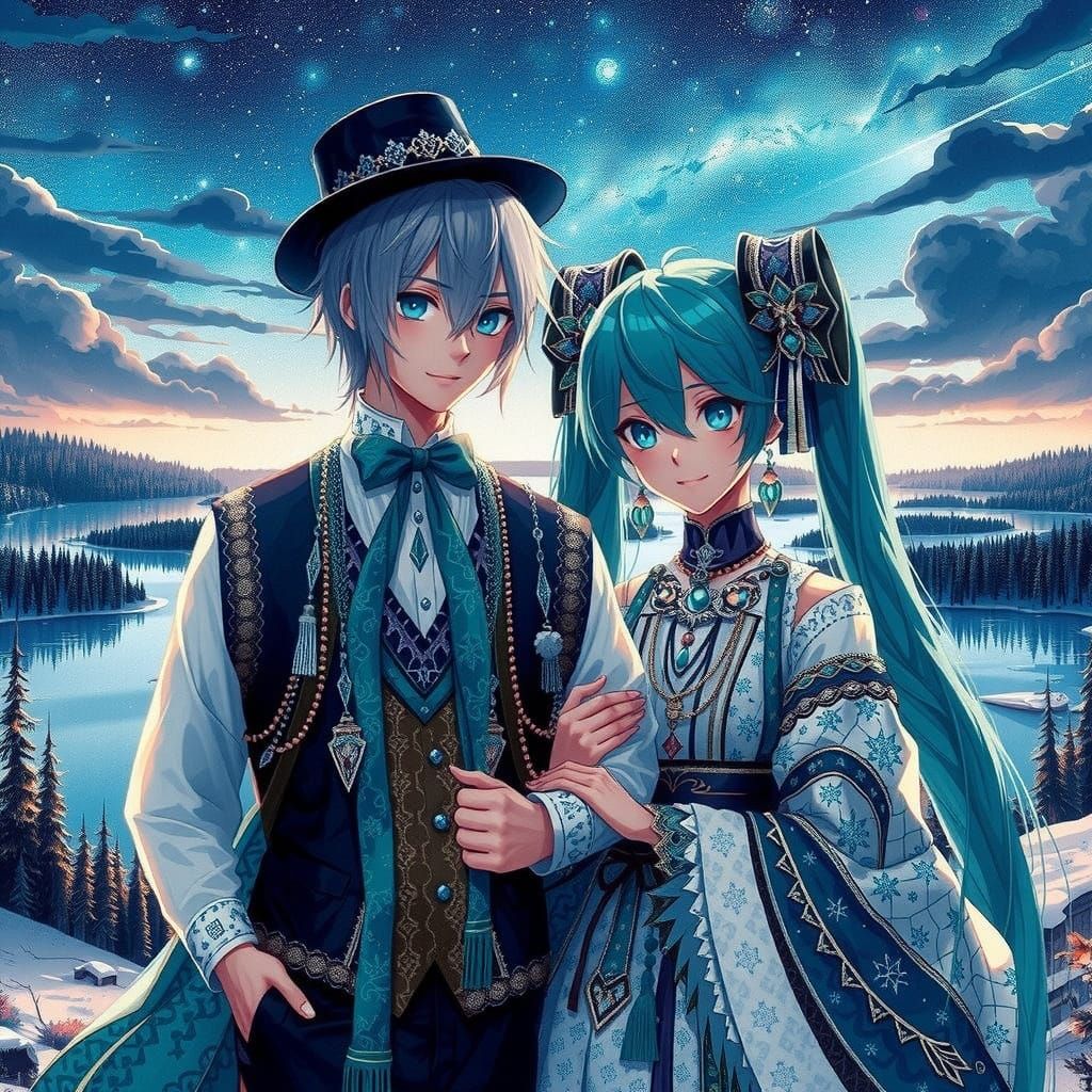 Miku in Traditional Finnish Attire Against a Starry Landscap...