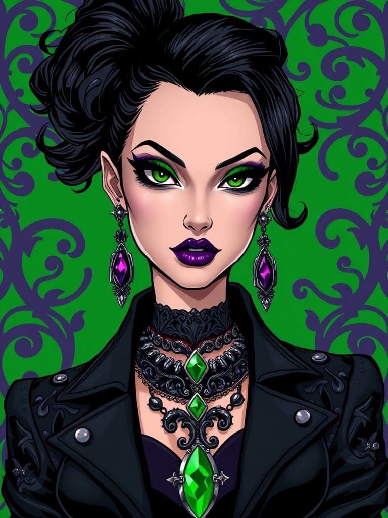 Gothic Goddess with Green Accents and Dark Elegance