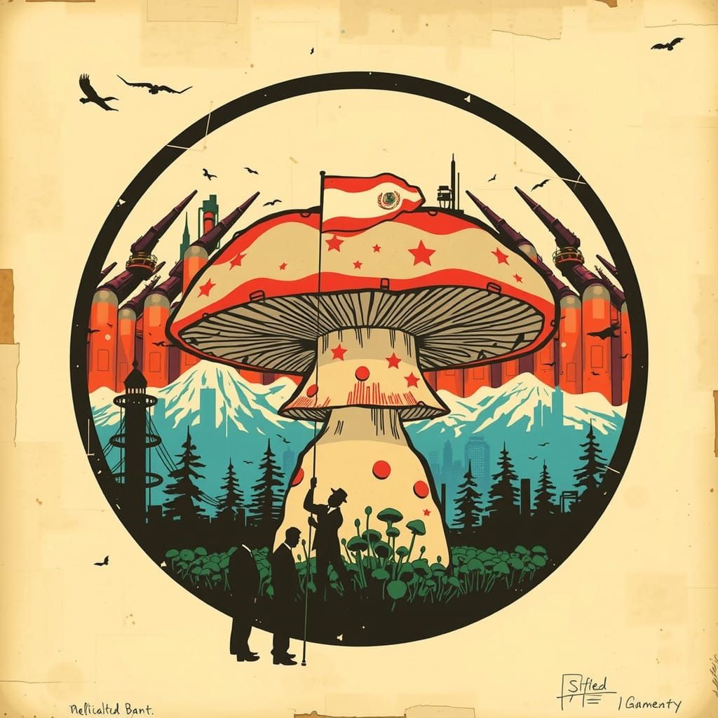 Surreal Cityscape of Technicolor Mushrooms and Bureaucratic...