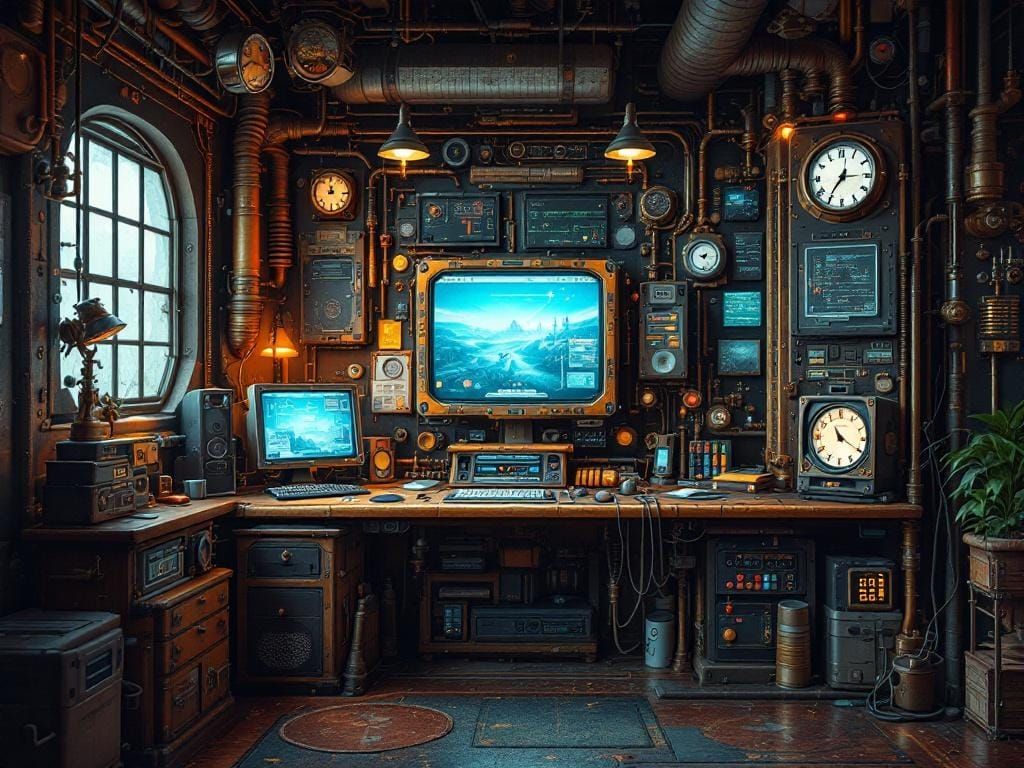Steampunk Computer Center in Victorian Style