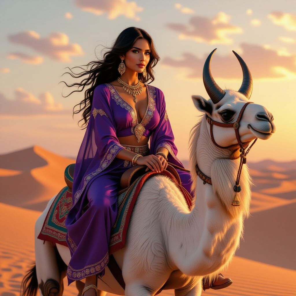Woman Rides Camel-Creature in Desert Sunset