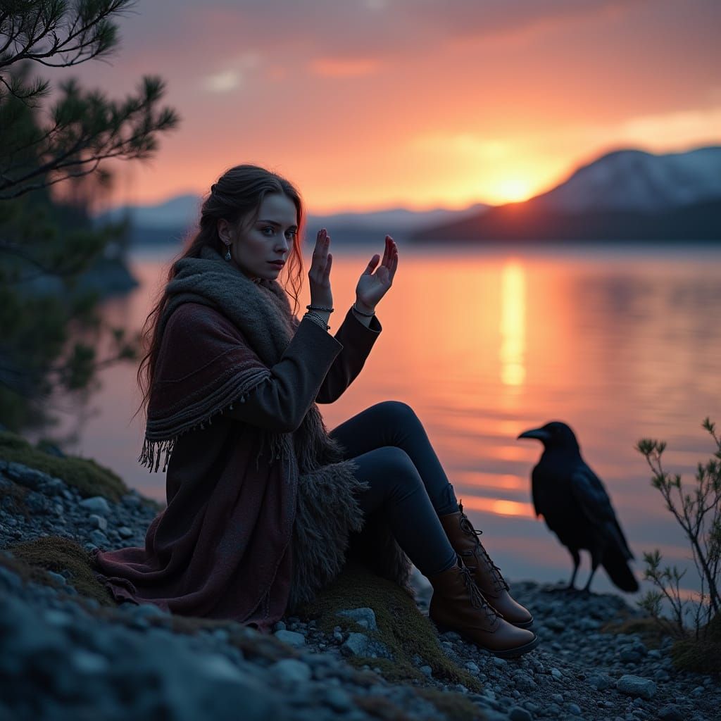 Sami Woman's Sunset Ritual: Cinematic Photorealism