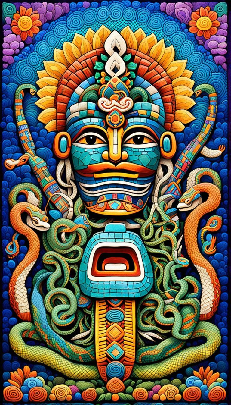 Snakes Emerging from Inca Statue in Iridescent Kaleidoscope