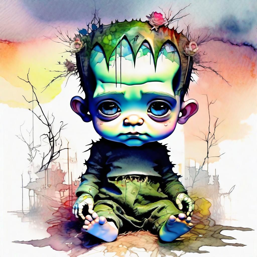 Cute Chibi Frankenstein in Watercolor Sunset