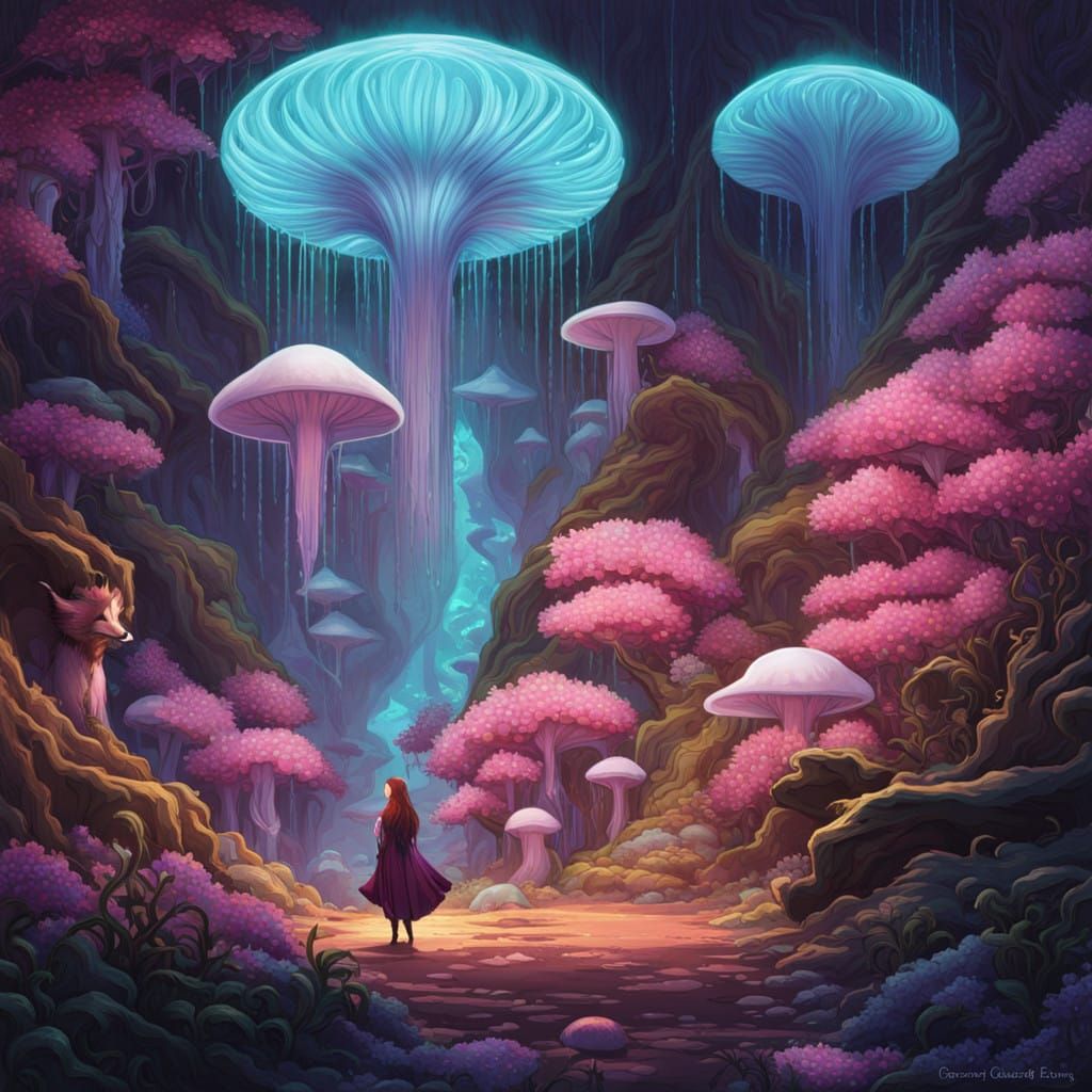 Serene Kitsune in Lush Cosmic Cave