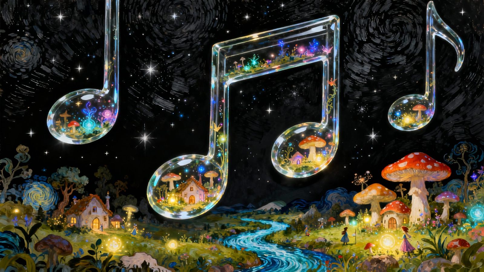Magical Fairy Villages in Floating Glass Music Notes