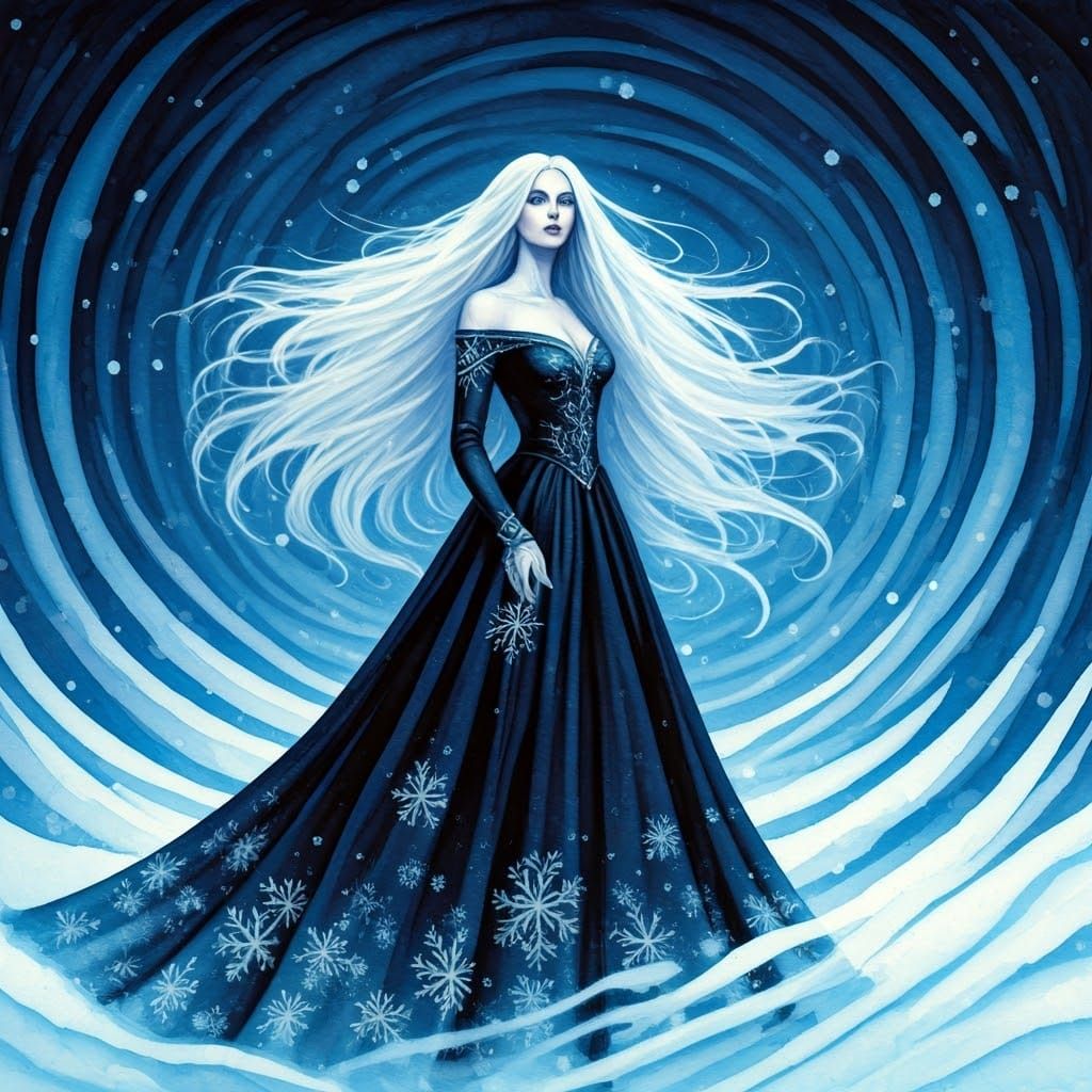 Winter Witch Conjuring Blizzard, in Expressionist Style