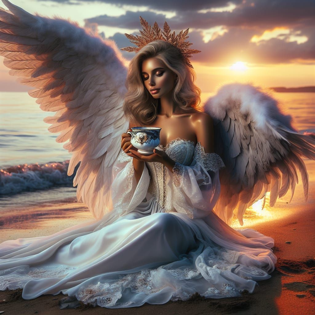 Angel Enjoying Coffee on Beach at Sunrise
