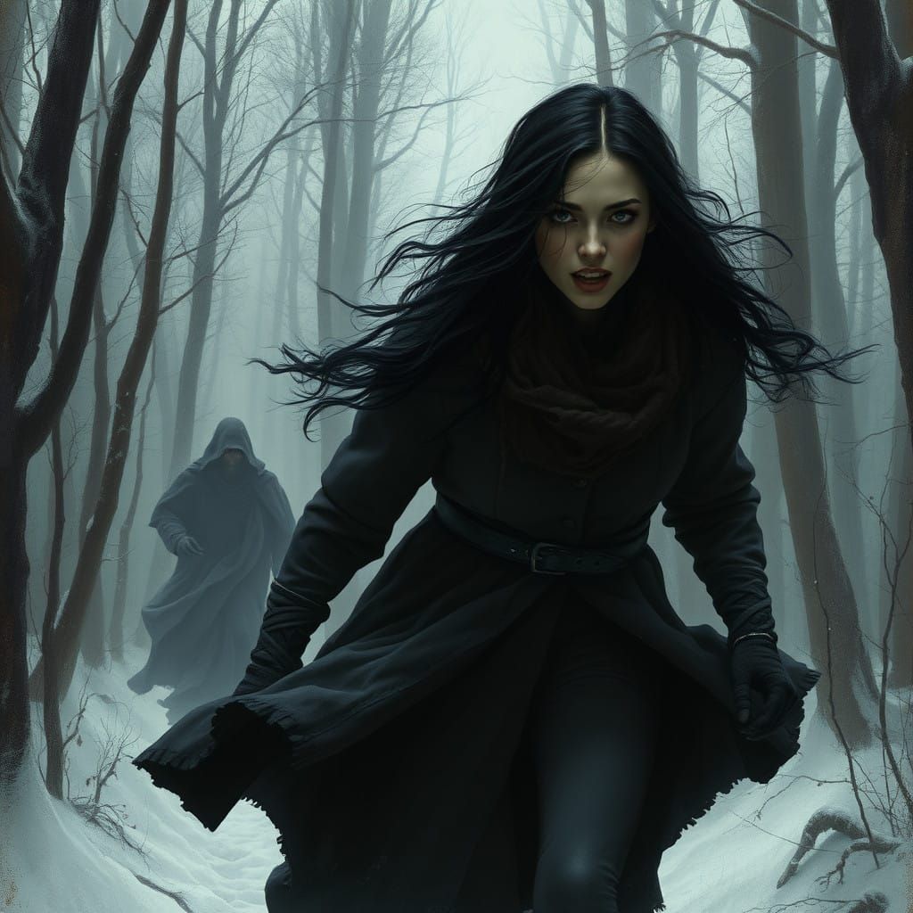 Woman Chased by a Sinister Figure in Haunted Winter Woods
