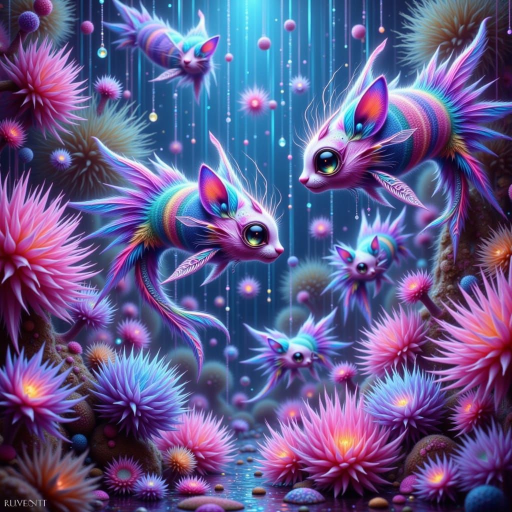Surreal Fae Creatures Dance in Glass Coral Reef