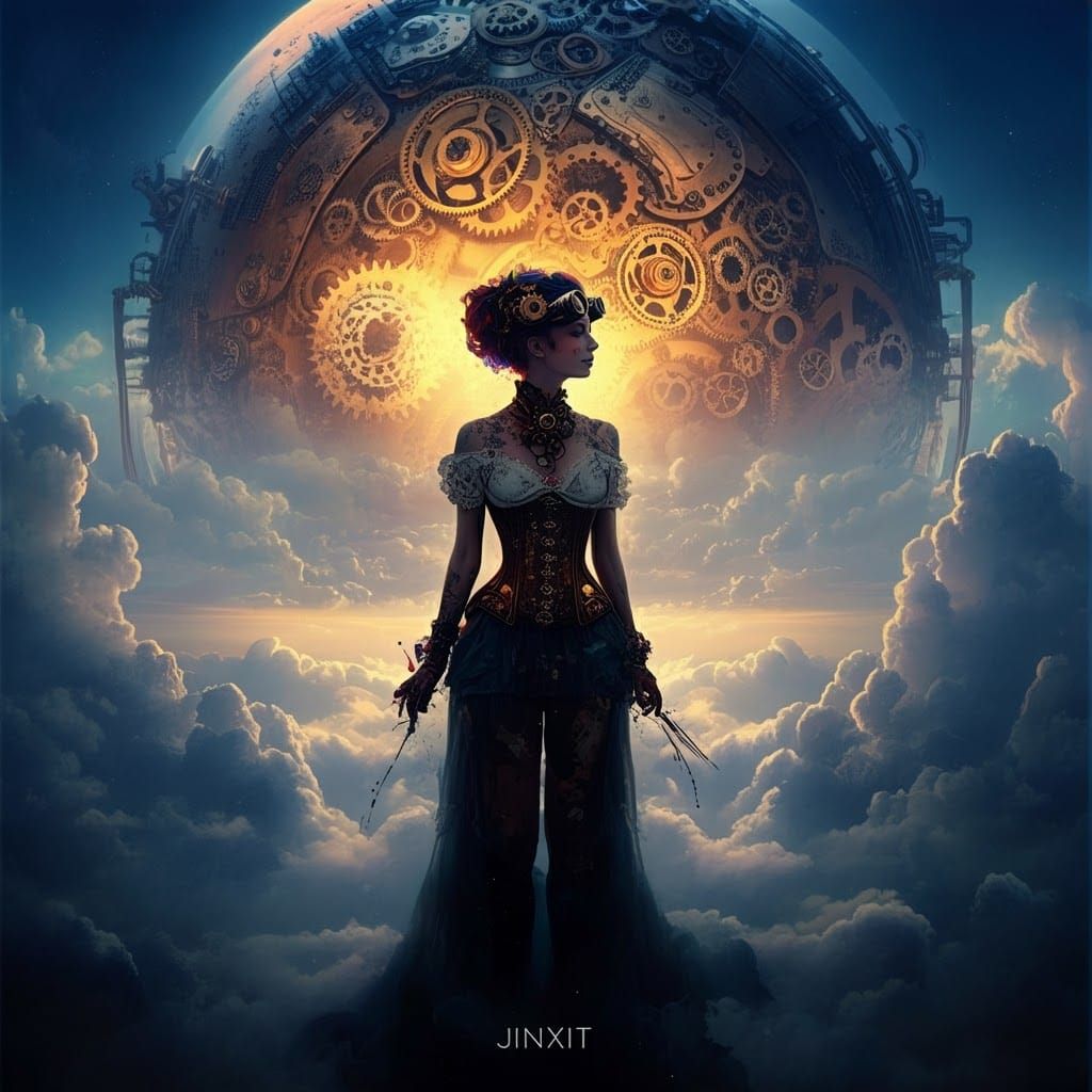 Steampunk Woman with Gear Planet in Dreamy Sky
