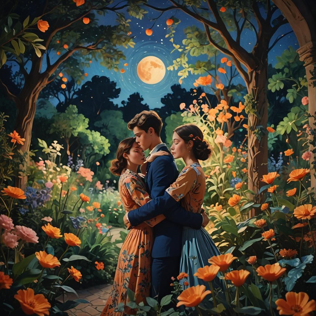 Young Couple Embrace in Whimsical Garden