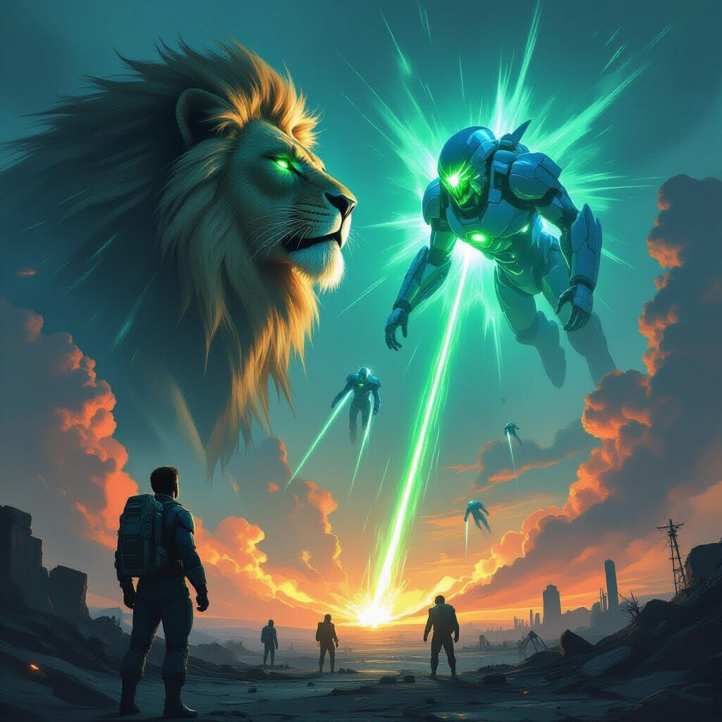 Pilot Awed by Energy Lion Amidst Alien Invasion