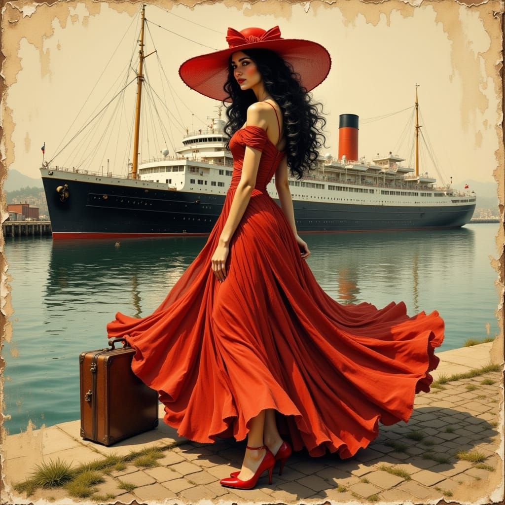 Elegant Woman Awaits Ship in Vintage Collage Style