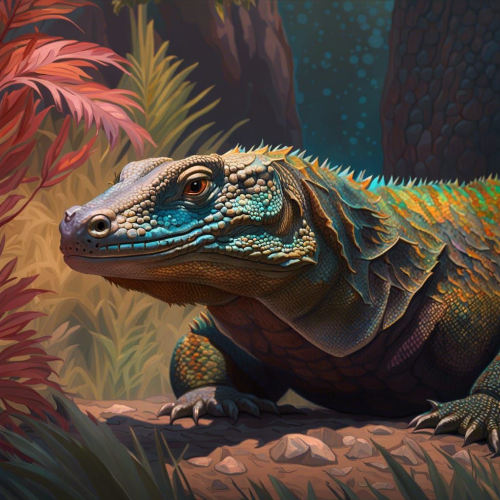 Glistening Komodo Dragon in Impressionistic Style