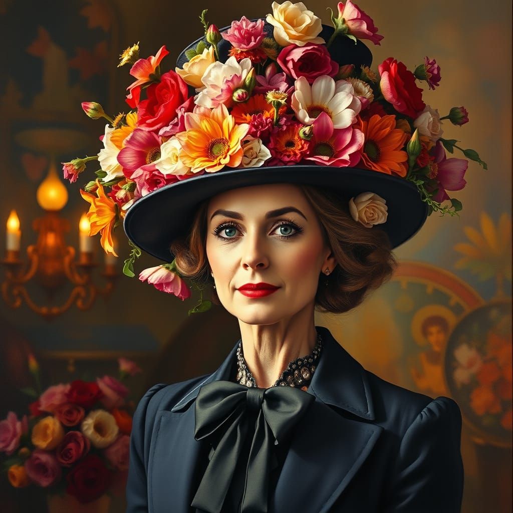 Woman's Flower Top Hat: Gouache & Watercolor Masterpiece