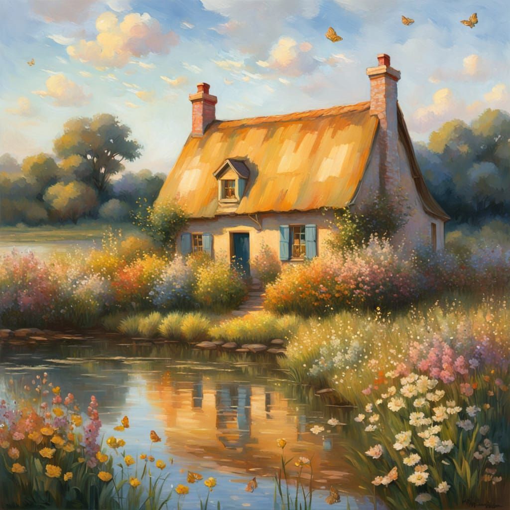 Quaint Cottage and Lake in Neo-Impressionistic Style