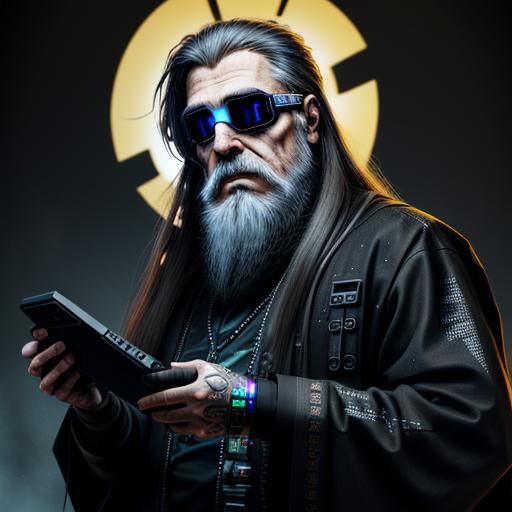 Cyberpunk Goth Elder Holding Holographic Code