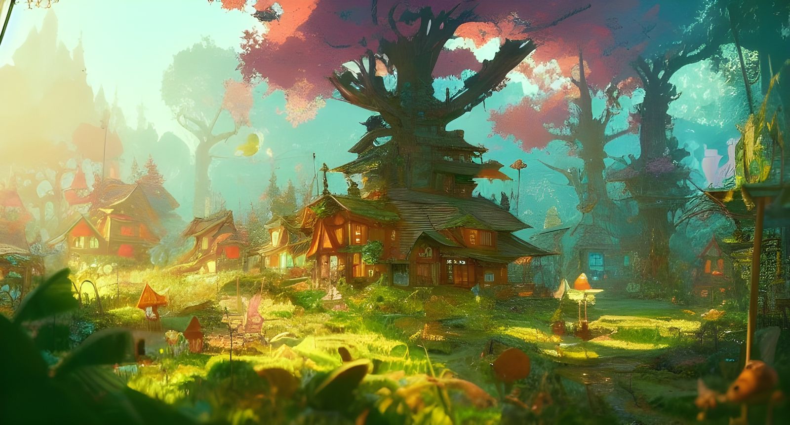 Enchanting Fairy Town in Forest: Digital Illustration