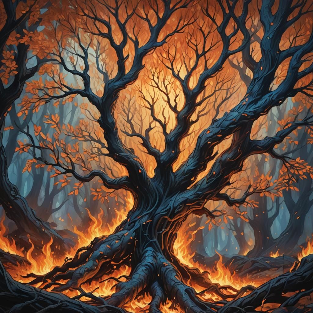 Mystical Burning Bush in Detailed Oil Painting Style
