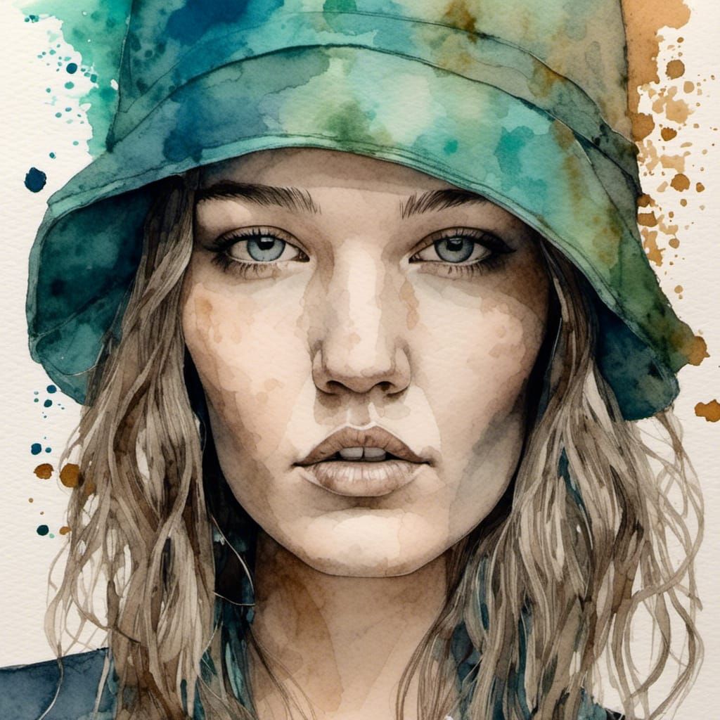 Watercolor Portrait with Turquoise and Teal Accents