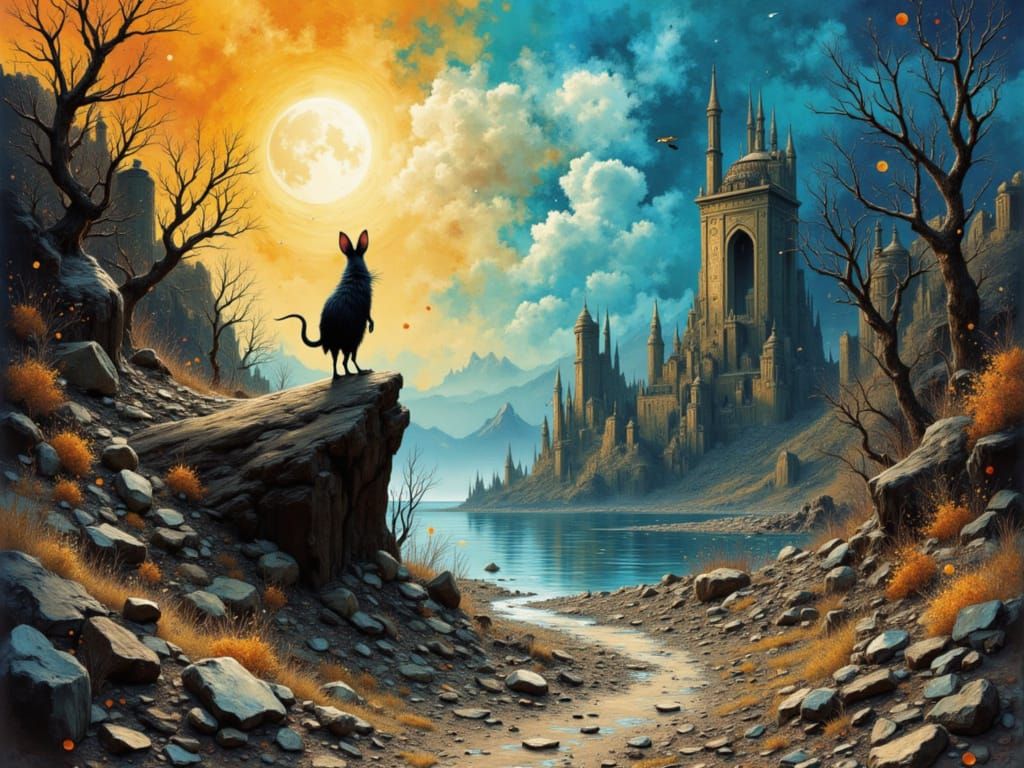 Steampunk Cityscape with Rat in Post-Apocalyptic Landscape