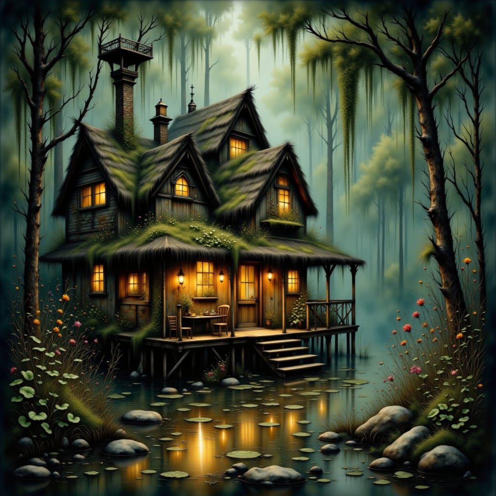 Dreamy Swamp Hut in Golden Light