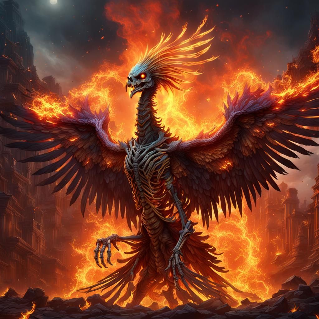 Skeletal Phoenix Rising: Detailed Matte Painting